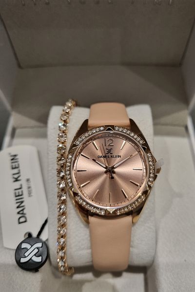 Daniel Klein - New Model Pink Leather Stone Women's Wrist Watch+Gift Bracelet