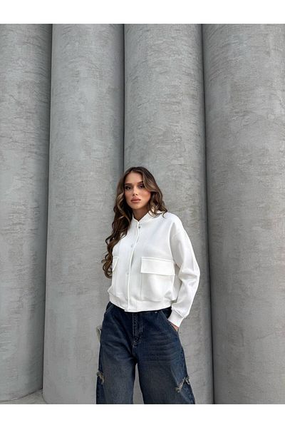Enie Women's White Button Bag Pocket Bomber Jacket
