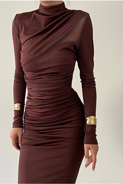 bayansepeti S pružnou pískovou tkaninou – večerní šaty Midi s vysokým výstřihem a rozparkem s dlouhým rukávem 291