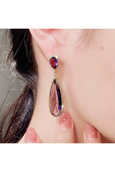 begüm jewelery MOR DAMLA MODEL ETRAFI ZİRKON TAŞLARLA İŞLENMİŞ TASARIM KÜPE