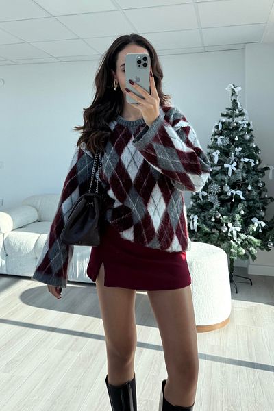 Ugdelia Diamond Patterned Feathered Rose Gold Slit Women's Sweater