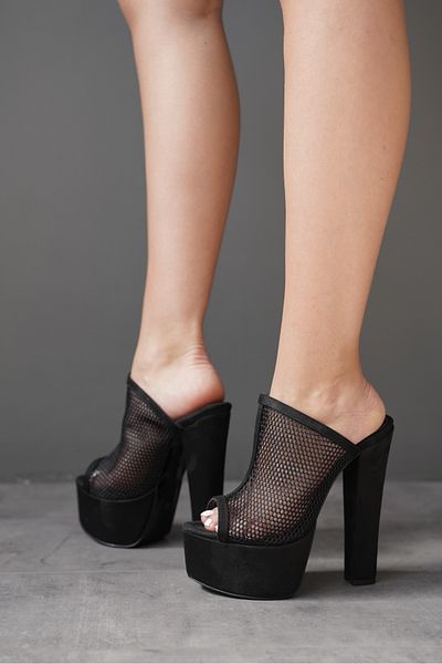 Ayakkabı Ateşi Black Suede Mesh Patterned High Heeled Women's Slippers