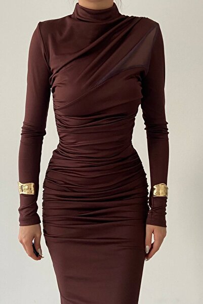 bayansepeti S pružnou pískovou tkaninou – večerní šaty Midi s vysokým výstřihem a rozparkem s dlouhým rukávem 291