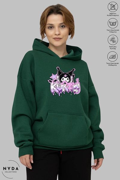 Nyda Collections Anime Kuromi Printed Long Sleeve Hoodie - Hooded Raster Oversize Cotton Women's Sweatshirt