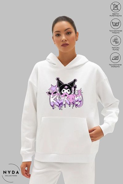 Nyda Collections Anime Kuromi Printed Long Sleeve Hoodie - Hooded Raster Oversize Cotton Women's Sweatshirt