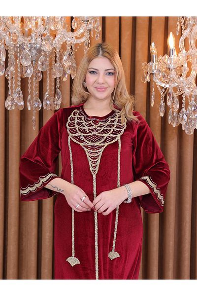 markatrend Women's Embroidered Velvet Kaftan Dress