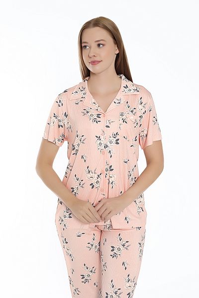 Cotpark Women's Viscose Combed Cotton Fabric Front Button Short Sleeve Shirt Collar Pajamas Set 19065