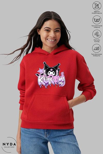 Nyda Collections Anime Kuromi Printed Long Sleeve Hoodie - Hooded Raster Oversize Cotton Women's Sweatshirt