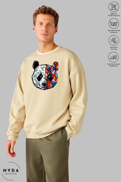 Nyda Collections Unisex μακρυμάνικο πολύχρωμο φούτερ Panda με στάμπα με λαιμόκοψη χωρίς κουκούλα