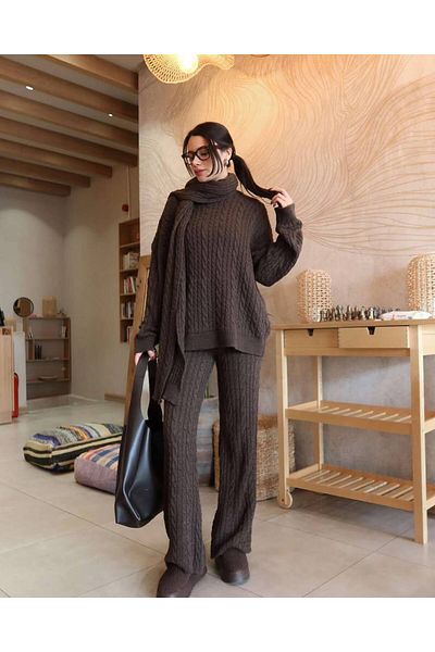 Lusin Women's Bitter Brown Scarf Hair Braided Pants Sweater Scarf Set of 3