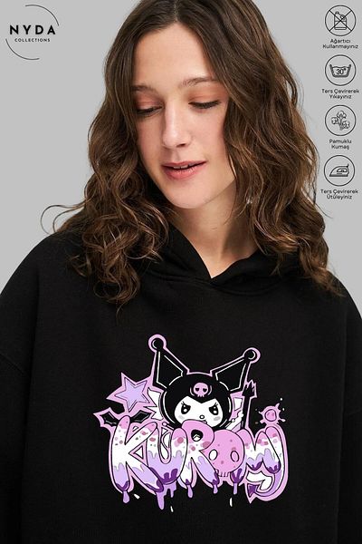 Nyda Collections Anime Kuromi Printed Long Sleeve Hoodie - Hooded Raster Oversize Cotton Women's Sweatshirt