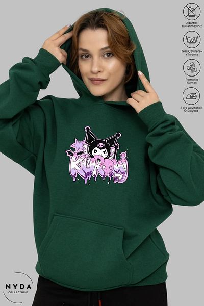 Nyda Collections Anime Kuromi Printed Long Sleeve Hoodie - Hooded Raster Oversize Cotton Women's Sweatshirt