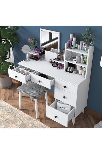 Rani Mobilya Bj101 Makyaj Masası 5 Çekmeceli Raflı Aynalı Takı Düzenleyici Puf Takım Beyaz