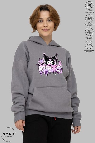 Nyda Collections Anime Kuromi Printed Long Sleeve Hoodie - Hooded Raster Oversize Cotton Women's Sweatshirt