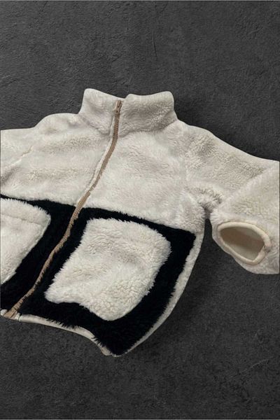 Montup Boy's Plush Ecru Black Pocket Zippered Welsoft Winter Coat