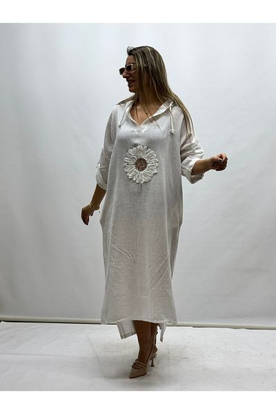 İTALYAN BUTİK Italian Daisy Embroidered Hooded Linen Dress