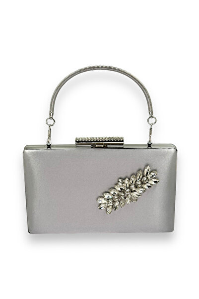 MidStore Silver Gray Lame Color Satin Crystal Stone Evening Dress Bag Evening...
