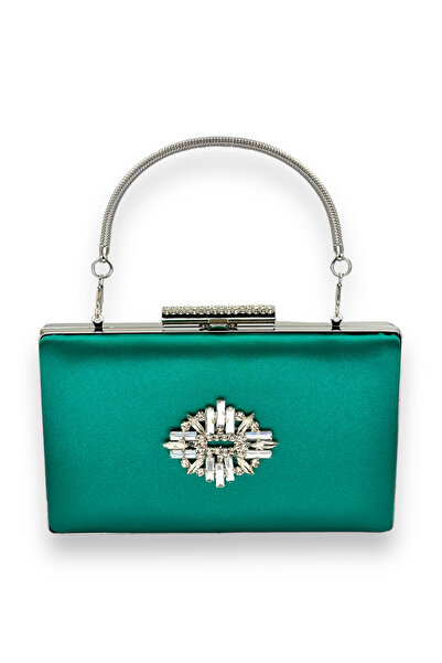 MidStore Green Color Handle Satin Crystal Stone Evening Dress Bag Evening Bag...