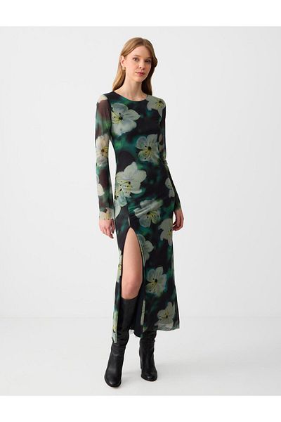 Jimmy Key Rochie lungă tricotată cu mânecă lungă, cu decolteu rotund, cu imprimeu floral