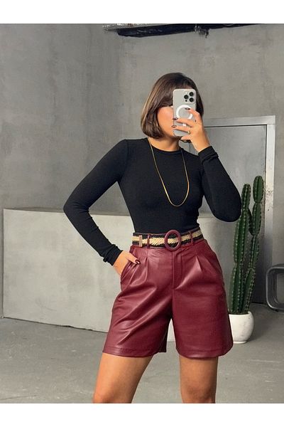 Miss Allos Women's Belt Detailed Leather Boyfriend Shorts