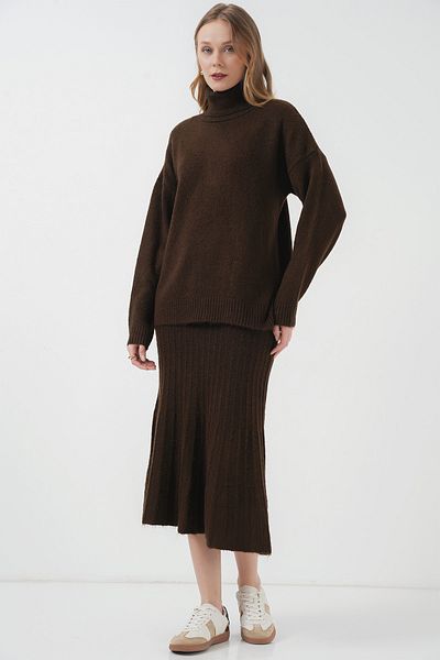 Bigdart 15892 Model Brązowy Sweter i Spódnica Zestaw