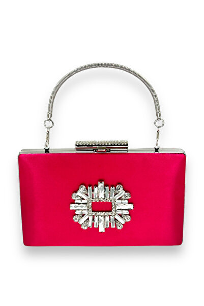 MidStore Fuchsia Pink Color Satin Crystal Stone Evening Dress Bag Evening Bag...