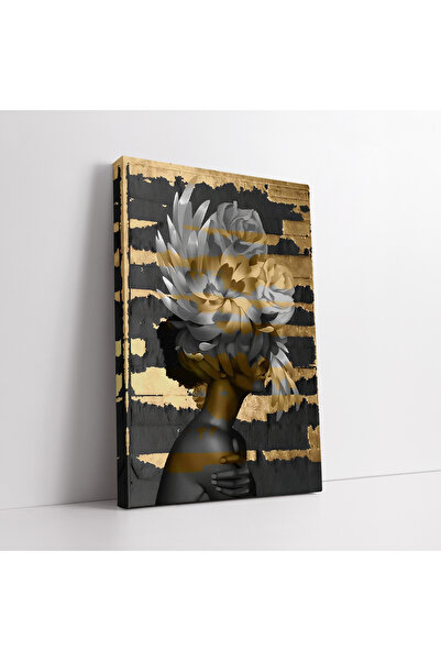 KOSS Dijital Siyah Beyaz ve Altın Tonlarda Çiçekli Afrikalı Kadın Sanatsal Ka...