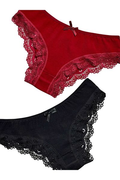 Gizli Butik Pachet de 2 chiloți bikini din bumbac cu dantelă pentru femei, negru și roșu