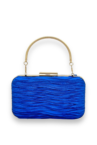 Generic Brand Cobalt Blue Pleated Satin Evening Dress Bag with Metal Handle H...