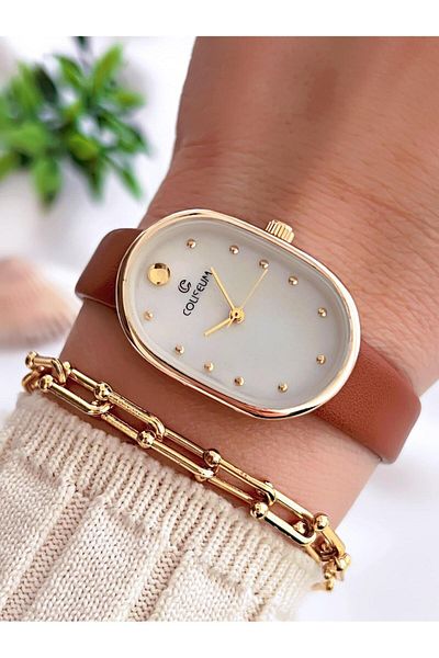 Coliseum Vintage Leather Band Women's Wrist Watch and Bracelet Set - Cl8104.Bm1