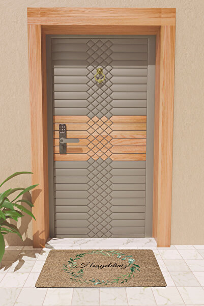 Rugmood Modern Dijtal Baskı Yeşil Yaprak Çerçeveli Hoşgeldiniz Kapı Önü Paspası