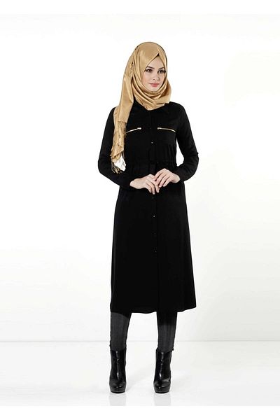 TRENDTESETTÜR Women's Black Gathered Waist Tunic 8644
