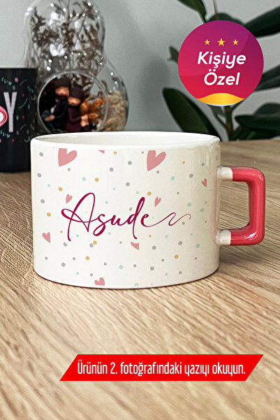 Kişiye Özel Kalp Desenli İsim Lüks Fincan Pembe Sevgiliye  B2X M5T
