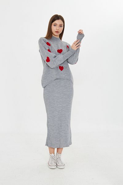brako tekstil Women's Top Sweater Bottom Strap Dress Knitwear Set (Heart Detail)