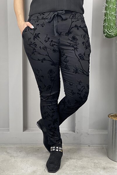 Butik Ayseba Kadın Siyah Süet Kadife Detaylı Gül Desenli Pantolon