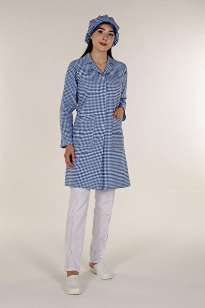 Mert Giyim Mavi Pötikare Kadın İş Önlük Açık Yaka