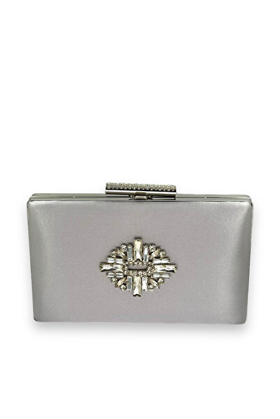 MidStore Silver Gray Lame Color Satin Crystal Stone Evening Dress Bag Evening...