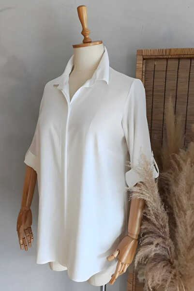 Hanezza Plus Size Women's Evening Dress Jesica Fabric Ecru Fold Sleeve Shirt