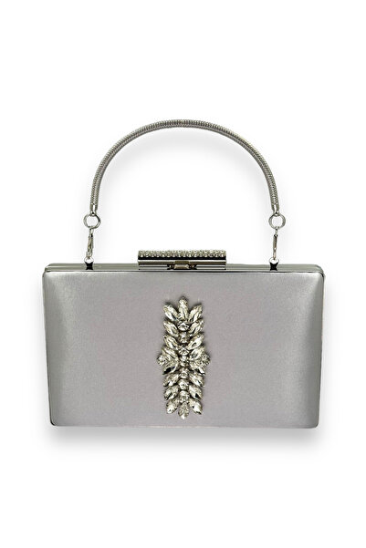Ahenk Design حقيبة سهرة من الساتان باللون الرمادي الفضي مع حجر الكريستال وحقي...