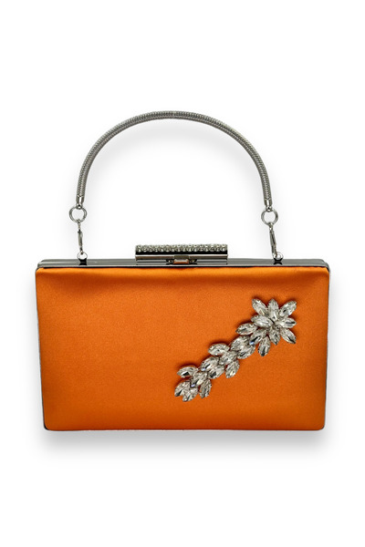 MidStore Orange Color Handle Satin Crystal Stone Evening Dress Bag Evening Ba...