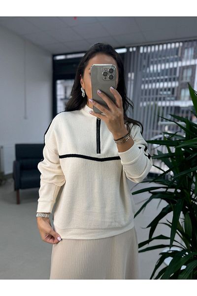 caddstore Sg Zipper Detaliat Crem Tricotaj Sweat