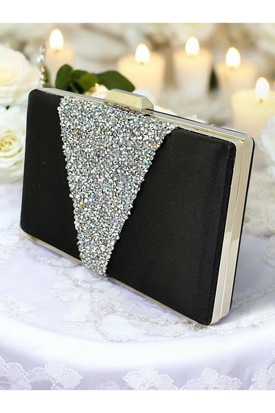 Wedding Fashion Negru Satin Argintiu Stone Geanta Rochie de Seara Clutch Geanta Promotie