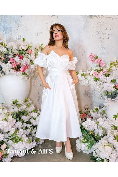 Tangül&Ali'S Moda Evi Satin White Midi Dress with Pockets