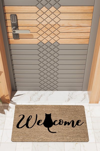 Rugmood Modern Dijtal Baskı Welcome Kedili Kapı Önü Paspası