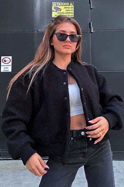 FMN Collection kadın oversize kesim trend cepli keçe görünümlü kaşe bomber tr...