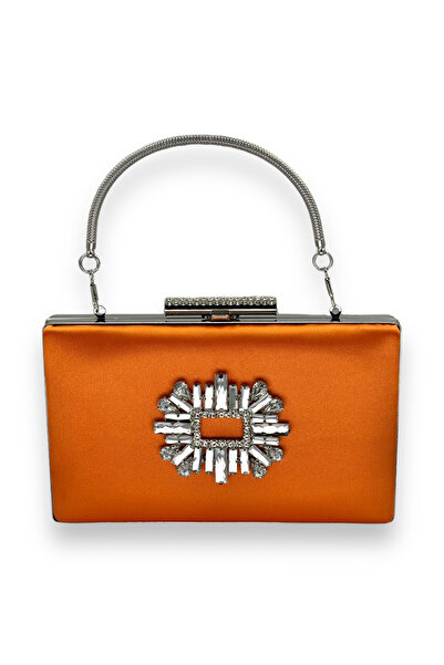 MidStore Orange Color Handle Satin Crystal Stone Evening Dress Bag Evening Ba...