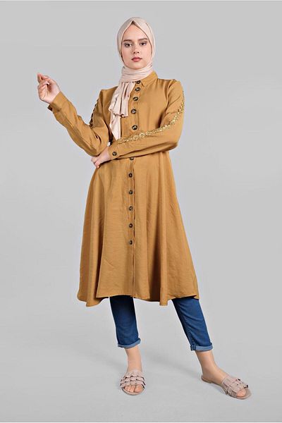 TRENDTESETTÜR Women's Orange (Mustard) Sleeves Guipure Detailed Tunic 4834