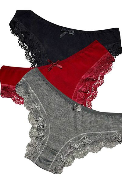 Gizli Butik Pachet de 3 chiloți bikini din bumbac cu dantelă pentru femei, negru, roșu, gri