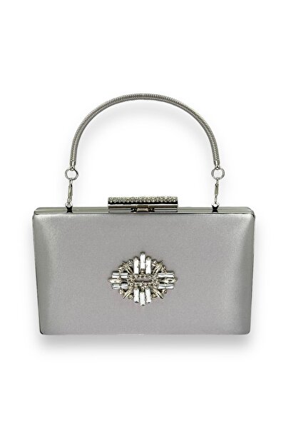 MidStore Silver Gray Lame Color Satin Crystal Stone Evening Dress Bag Evening Bag Henna Bridal Graduation Bag