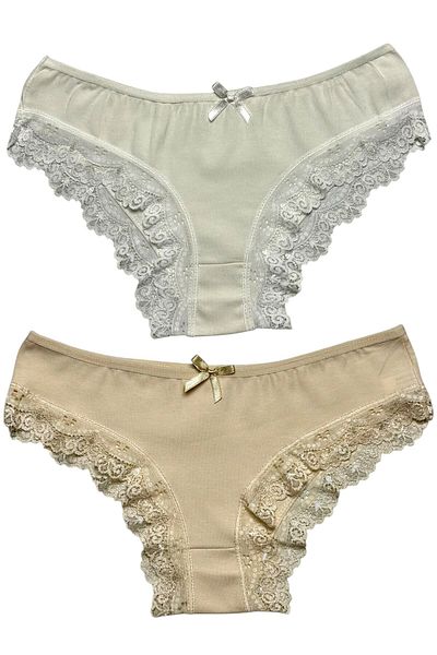 Gizli Butik Pachet de 2 chiloți bikini din bumbac cu dantelă pentru femei, piele ecru